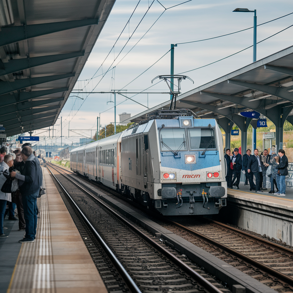 Train régional en France avec des passagers montant et descendant.