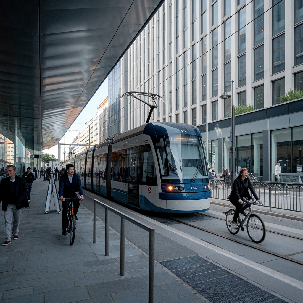 Tramway moderne dans une ville française avec piétons et cyclistes.