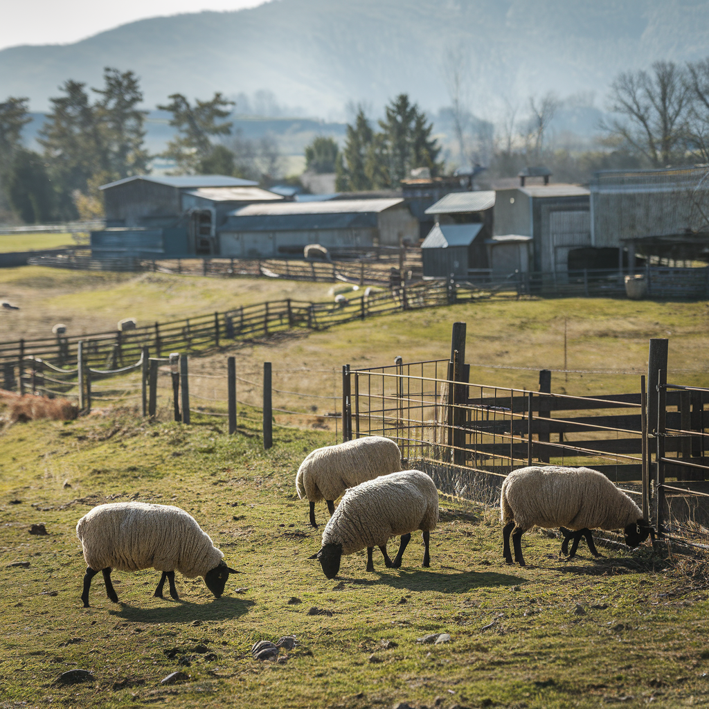 Paysage rural avec une ferme et des moutons
