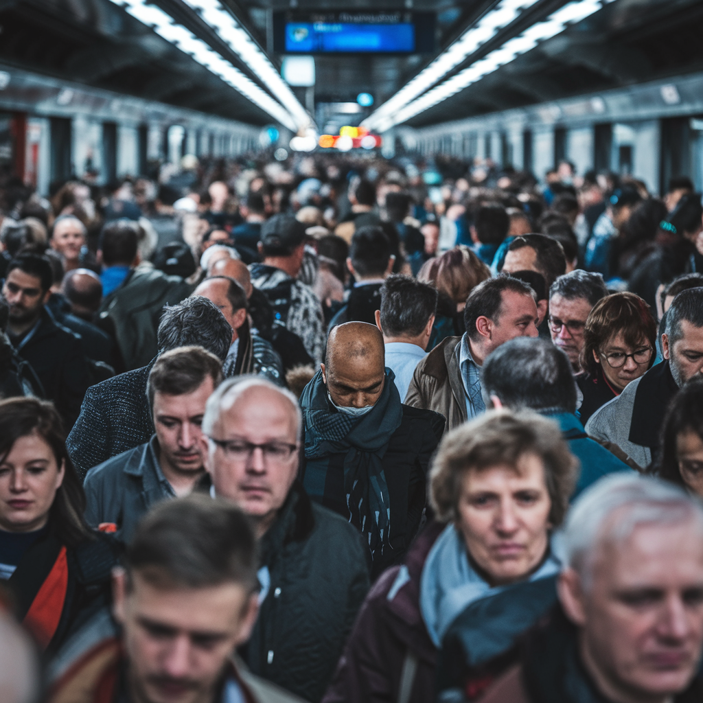 Station de métro bondée à Paris aux heures de pointe.