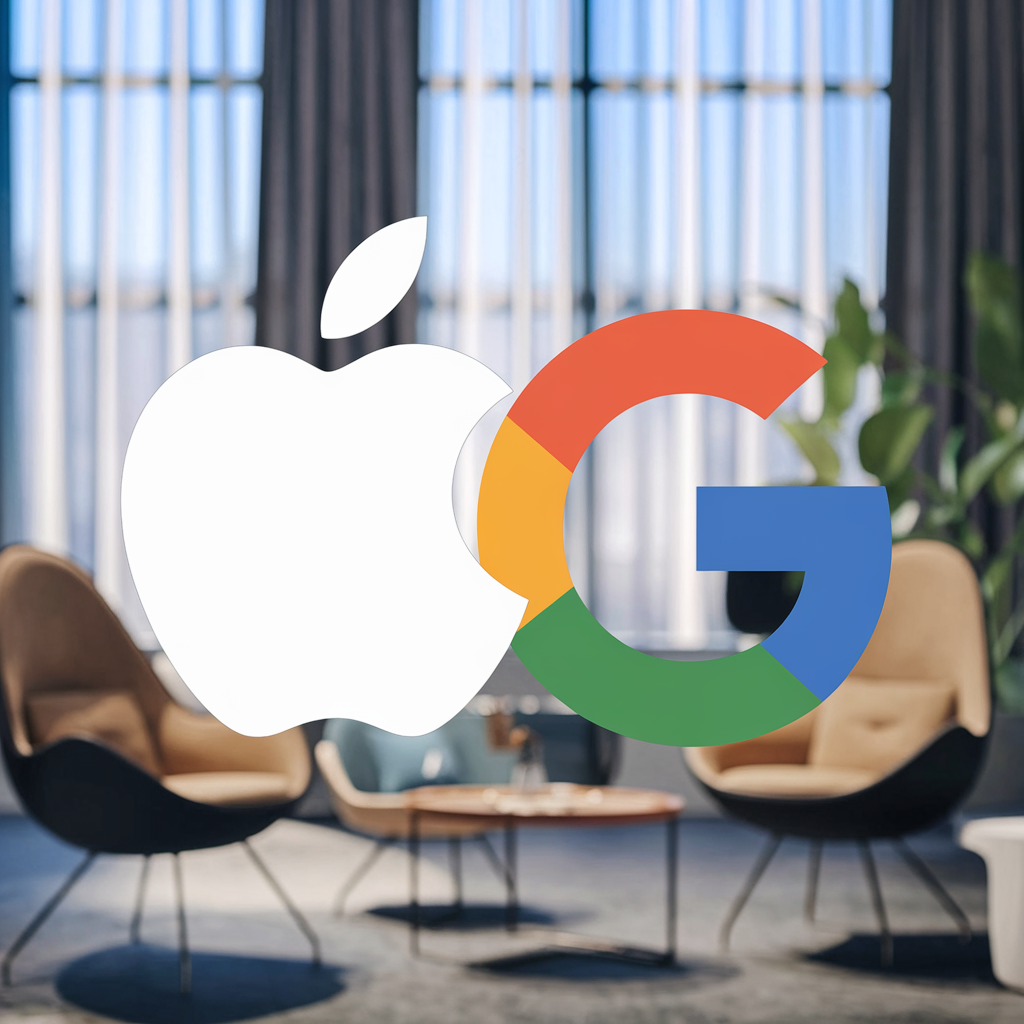 Logos d'Apple et Google entrelacés symbolisant leur partenariat en IA.