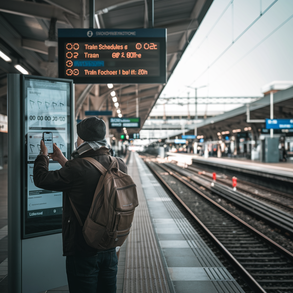 Usager vérifiant les horaires de train sur un smartphone.