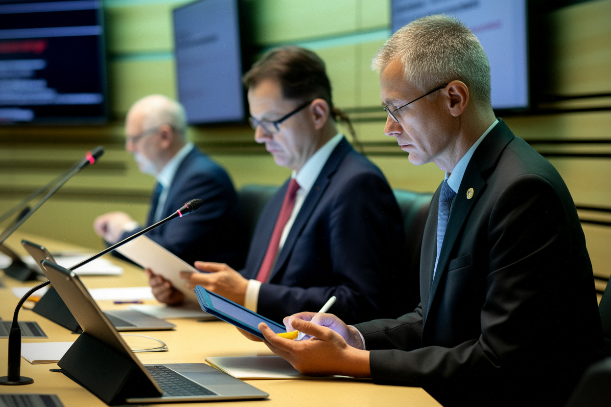 Conseil municipal examinant données personnelles et cybersécurité liées à l’IA