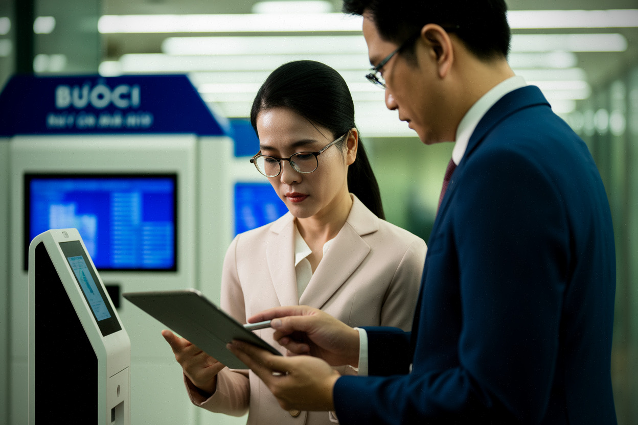 Investisseurs consultant des documents administratifs dans un centre vietnamien