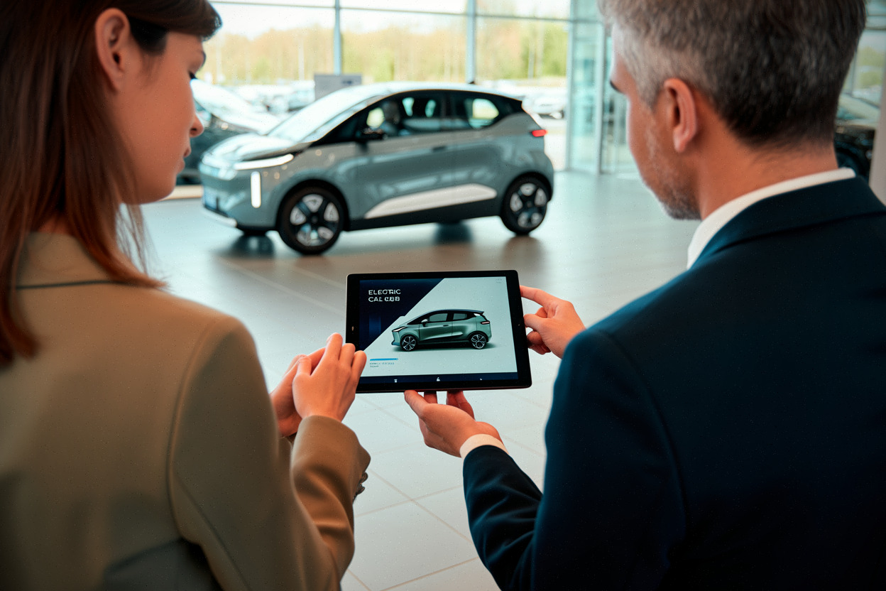 Clients examinant une offre de leasing social en concession automobile