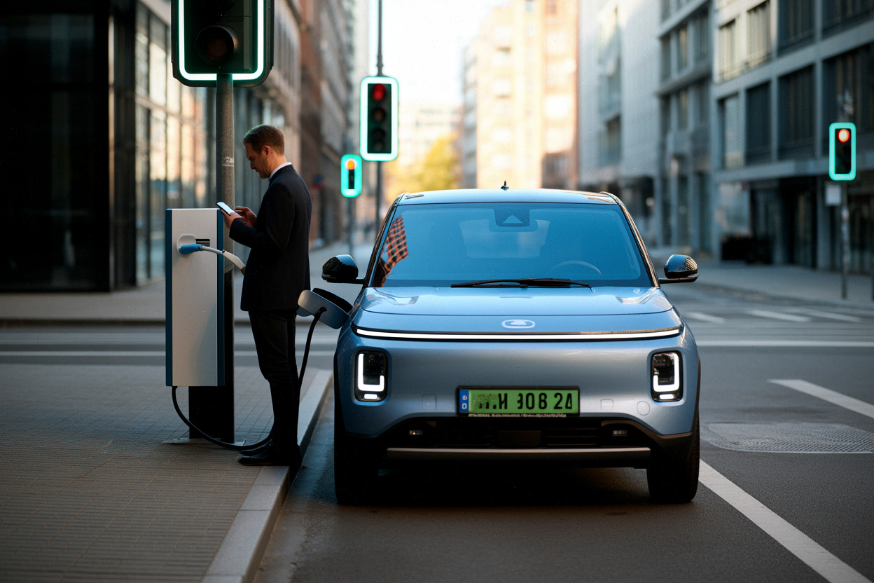 SUV électrique urbain chinois stationné dans une rue européenne moderne
