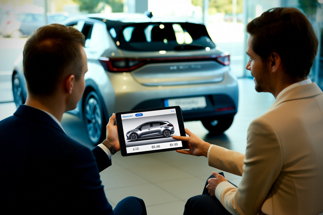 Acheteur comparant le prix réduit d’une voiture électrique compacte