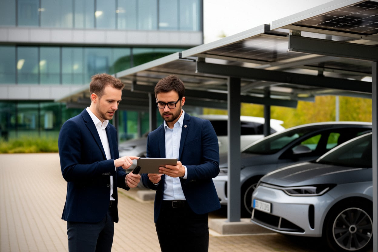 Gestionnaires de projets solaires devant une ombrière photovoltaïque d'entreprise