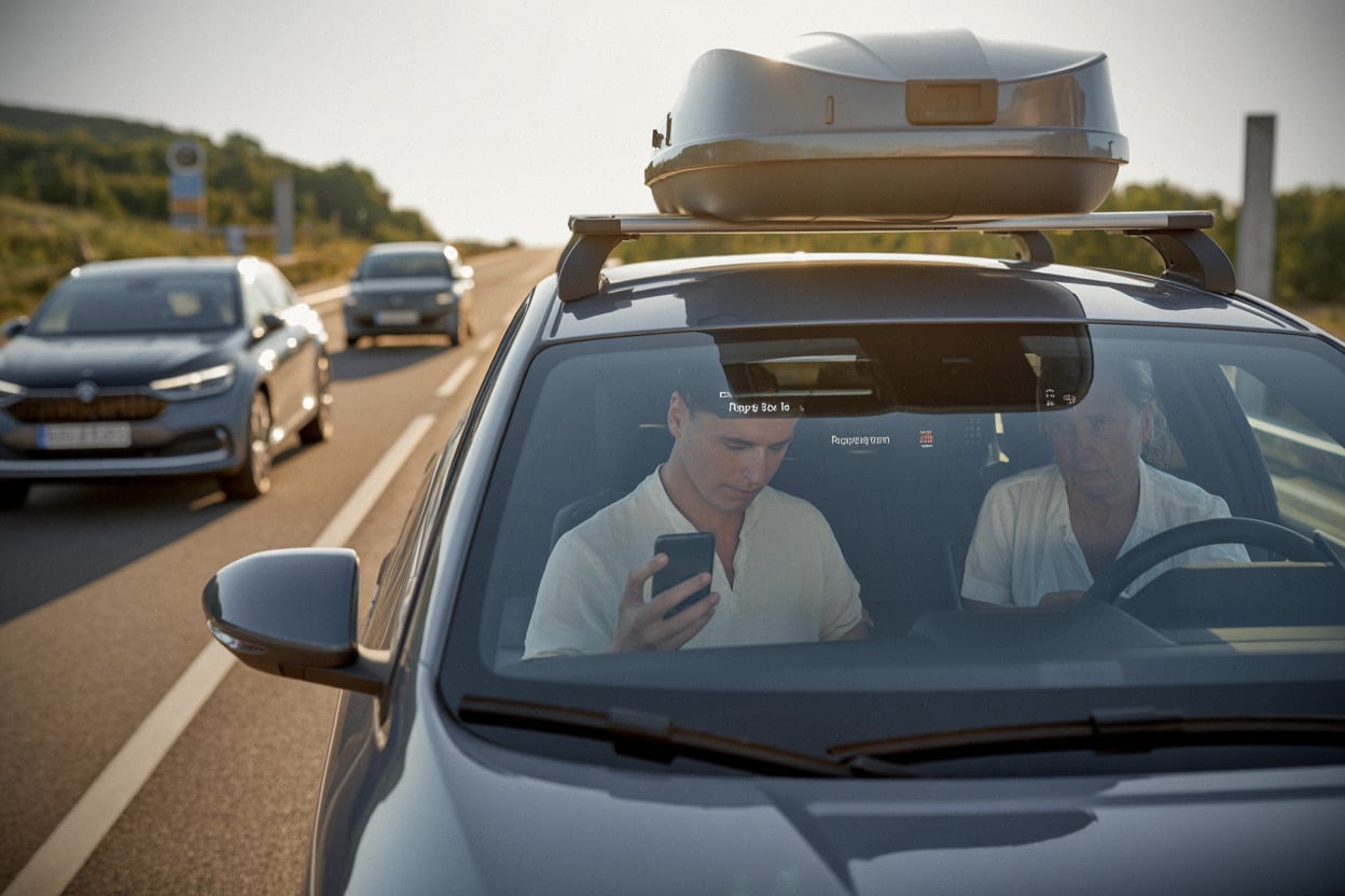 Voiture électrique sur autoroute avec coffre de toit en été