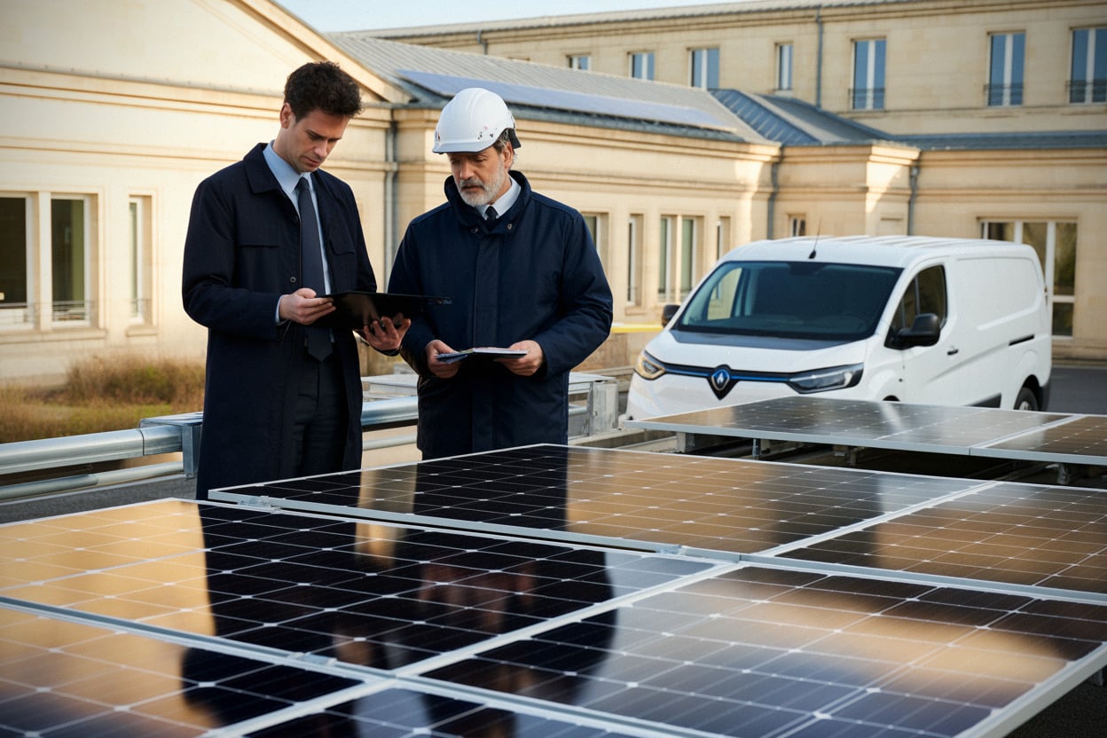 Techniciens inspectant des panneaux solaires publics à Mâcon